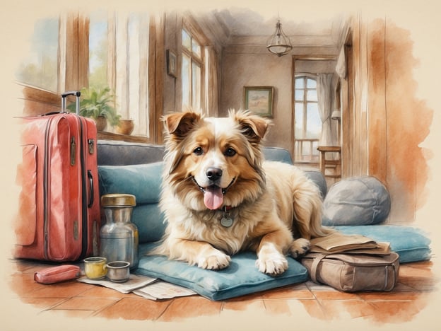 Auf dem Bild ist ein Hund zu sehen, der gemütlich auf einem Kissen liegt. Neben ihm stehen ein paar Taschen und Futternäpfe. Diese Szenerie vermittelt ein Gefühl von Heimeligkeit und Vorbereitung für eine Reise.Für hundegerechte Unterkünfte und Aktivitäten könnte man folgendes in Betracht ziehen:1. **Hundefreundliche Unterkünfte**: Wählen Sie Hotels oder Ferienwohnungen, die speziell für Hunde ausgestattet sind, mit Fressnäpfen, Hundebetten und eingezäunten Gärten.2. **Hundewanderungen**: Suchen Sie nach Wanderwegen oder Parks, in denen Hunde erlaubt sind und die ausreichend Platz zum Laufen bieten.3. **Hundeausflüge**: Veranstaltungen oder lokale Treffen für Hundebesitzer, wo Hunde gemeinsam spielen und sich austoben können.4. **Hundestrände**: Besuchen Sie Strände, die Hunden den Zutritt erlauben, um gemeinsam im Wasser zu planschen.5. **Hundefreundliche Cafés**: Genießen Sie einen Snack oder Kaffee in einem Café, das Hunde willkommen heißt.Diese Aktivitäten sorgen dafür, dass sowohl der Hund als auch der Besitzer eine schöne Zeit verbringen können!