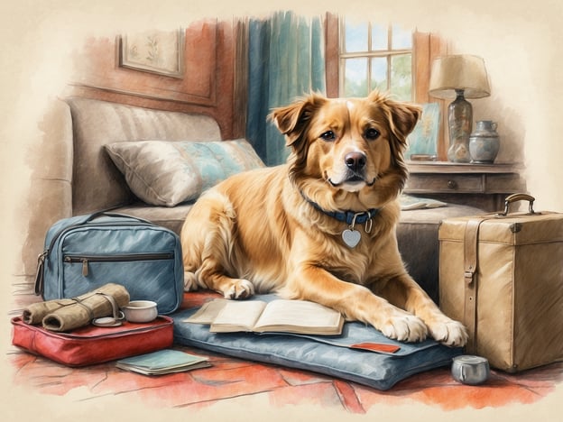 Auf dem Bild ist ein Hund zu sehen, der gemütlich auf einem Kissen liegt, umgeben von Gepäck und persönlichen Gegenständen.Hier sind einige praktische Tipps für einen stressfreien Urlaub mit Hund:1. **Reisevorbereitungen**: Packe das Lieblingsspielzeug und die Decke deines Hundes ein, um ihm eine vertraute Umgebung zu bieten.2. **Tierarztbesuch**: Lass deinen Hund vor der Reise von einem Tierarzt untersuchen, um sicherzustellen, dass er gesund ist und alle nötigen Impfungen hat.3. **Reiseapotheke**: Stelle eine kleine Reiseapotheke für deinen Hund zusammen, die grundlegende Medikamente und Erste-Hilfe-Material enthält.4. **Regelmäßige Pausen**: Plane regelmäßige Pausen während der Fahrt ein, damit dein Hund sich bewegen und die Blase entleeren kann.5. **Unterkunft**: Wähle eine hundefreundliche Unterkunft und informiere dich über die dortigen Regeln.6. **Vertrauter Bereich**: Richte im Hotel oder Ferienhaus einen Bereich ein, der für deinen Hund gemütlich ist, mit einem Kissen und seinen persönlichen Sachen.7. **Anpassung an neue Umgebungen**: Lass deinem Hund Zeit, sich an die neue Umgebung zu gewöhnen, bevor du ihn ausgiebig ausführen gehst.Mit diesen Tipps kannst du sicherstellen, dass der Urlaub für dich und deinen Hund angenehm wird!