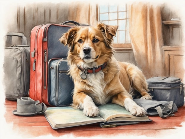 Auf dem Bild ist ein Hund zu sehen, der auf einem offenen Buch liegt, umgeben von mehreren Reisetaschen. Es wirkt so, als würde er auf eine Reise warten.Hier sind einige Tipps für die Anreise und Unterkunft mit einem Hund:### Anreise1. **Transportmittel**: Überlege, welches Transportmittel am besten für dich und deinen Hund geeignet ist. Auto oder Zug sind oft die bequemsten Optionen. Stelle sicher, dass dein Hund sicher transportiert wird, z.B. in einer Transportbox oder mit einem Sicherheitsgeschirr.2. **Pausen einplanen**: Plane regelmäßige Pausen ein, damit dein Hund sich bewegen, frisches Wasser trinken und sein Geschäft erledigen kann.3. **Richtige Ausstattung**: Bring Futter, Wasser und eine Reiseleine mit. Eventuell auch eine Decke oder ein Lieblingsspielzeug, um deinem Hund Komfort zu bieten.### Unterkunft1. **Hundefreundliche Unterkünfte**: Achte darauf, dass deine Unterkunft hundefreundlich ist. Viele Hotels und Ferienwohnungen erlauben Hunde, einige bieten sogar spezielle Annehmlichkeiten.2. **Hygiene**: Nimm eine Decke oder ein Körbchen für deinen Hund mit, damit er sich wohlfühlt und die Unterkunft nicht verschmutzt.3. **Regeln beachten**: Informiere dich über die Regeln der Unterkunft bezüglich Hunde. Manche Orte haben spezielle Bereiche oder Vorschriften, die beachtet werden müssen.Mit diesen Tipps kannst du eine angenehme Reise mit deinem vierbeinigen Freund planen!