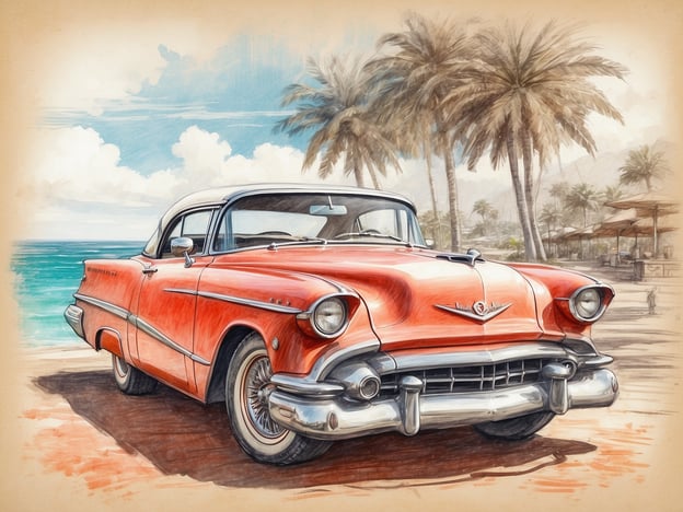 Auf dem Bild ist ein klassisches rotes Auto vor einer Strandlandschaft mit Palmen und Meer zu sehen.Hier sind einige praktische Tipps für einen gelungenen Urlaub:1. **Reiseplanung**: Informiere dich im Voraus über dein Reiseziel, die besten Zeiten für einen Besuch und lokale Attraktionen.2. **Budget festlegen**: Setze dir ein realistisches Budget, das Unterkunft, Verpflegung, Transport und Aktivitäten umfasst.3. **Unterkunft buchen**: Wähle eine bequeme Lage, idealerweise in der Nähe zu Sehenswürdigkeiten oder dem Strandausblick.4. **Packliste erstellen**: Denke an wettergerechte Kleidung, nützliche Accessoires und persönliche Gegenstände wie Sonnencreme und Medikamente.5. **Öffentliche Verkehrsmittel nutzen**: Informiere dich über lokale Transportmöglichkeiten, um Kosten zu sparen und die Umgebung besser kennenzulernen.6. **Lokale Küche ausprobieren**: Probier die einheimische Gastronomie aus, um die Kultur besser zu erleben.7. **Flexibel bleiben**: Plane Zeit für Spontanität ein, um unerwartete Entdeckungen zu machen.Mit diesen Tipps kannst du deine Reise optimal gestalten!