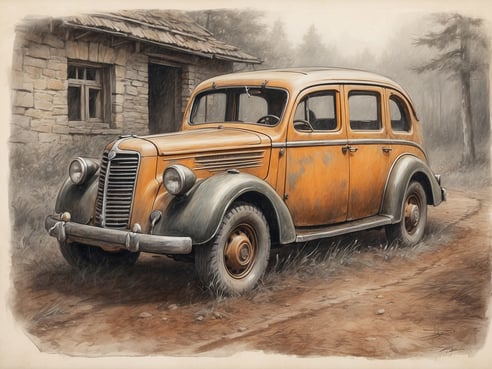 Ein altes Fahrzeug steht auf einem schmalen, von Bäumen gesäumten Weg. Der Wagen ist orange mit dunklen Akzenten und weist sichtbare Gebrauchsspuren auf. Im Hintergrund ist eine verwitterte Steinmauer zu erkennen, von der ein Fenster mit einfachen Rahmen ausgespart ist. Die Szenerie ist von einer sanften Nebelschicht umgeben, die eine mystische Stimmung erzeugt. Die beobachtende Perspektive lässt vermuten, dass das Auto und das Gebäude schon lange nicht mehr in Benutzung sind und eine Geschichte aus der Vergangenheit erzählen.