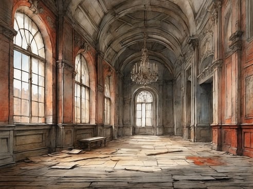 Ein lichtdurchfluteter Raum mit hohen Fenstern und einem eleganten Kronleuchter schimmert in sanften Farben. Der Boden ist mit alten, verwitterten Platten bedeckt, einige liegen lose. An den Wänden sind feine Verzierungen und abgeschälte Farbreste sichtbar, die von vergangener Pracht zeugen. Die Atmosphäre ist still und geheimnisvoll, während das Licht durch die großen Fenster strömt und die Spuren der Zeit beleuchtet. Ein einfaches Holzgestell steht in der Mitte des Raumes, umgeben von der Überbleibseln eines vergessenen Ortes.