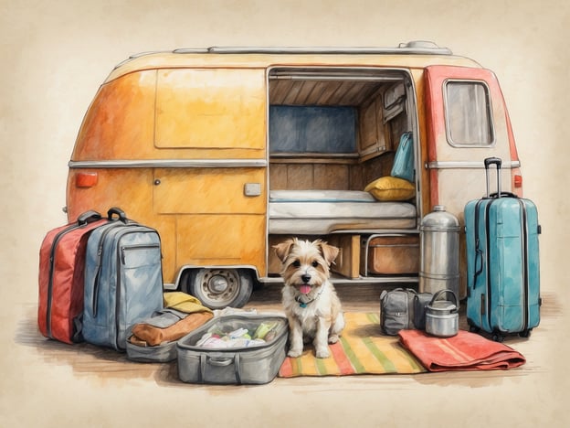 Auf dem Bild ist ein Wohnwagen zu sehen, der auf einer Wiese steht, umgeben von Gepäckstücken und einem Hund, der im Vordergrund sitzt.Wenn du mit deinem Hund an den See fahren möchtest, hier sind einige Tipps zur Vorbereitung:1. **Dokumente und Impfungen**: Stelle sicher, dass alle Impfungen deines Hundes auf dem neuesten Stand sind und nimm die nötigen Dokumente mit.2. **Leinen und Maulkorb**: Packe ausreichend Leinen ein und prüfe, ob ein Maulkorb erforderlich ist, besonders an öffentlichen Orten.3. **Wasser und Futter**: Vergiss nicht, ausreichend Wasser und das gewohnte Futter für deinen Hund mitzunehmen. Eine tragbare Wasserschüssel ist auch hilfreich.4. **Sonnenschutz**: Hunde können leicht einen Sonnenbrand bekommen. Denke an eine Schutzhülle oder einen Hundesonnenhut.5. **Unterlage und Spielzeug**: Nimm eine komfortable Unterlage für deinen Hund mit, damit er sich entspannen kann. Spielzeug sorgt für Unterhaltung.6. **Erste-Hilfe-Set**: Ein kleines Erste-Hilfe-Set für deinen Hund ist sinnvoll für den Fall der Fälle.7. **Regenschutz**: Achte darauf, auch an Regenschutz für deinen Hund zu denken, besonders wenn das Wetter unvorhersehbar sein kann.Mit diesen Tipps seid ihr gut auf euren Urlaub am See vorbereitet!