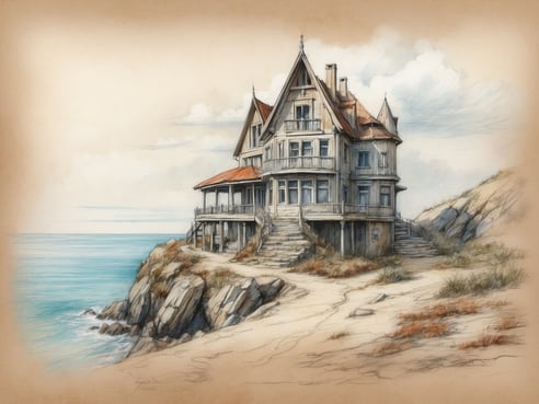 Ein verfallenes, charmantes Haus steht auf einer Klippe mit Blick auf das Meer. Die Architektur ist im altmodischen Stil mit spitzen Dächern und verzierten Fenstern. Der Weg zum Gebäude führt über sandigen Boden und ist von einigen Gräsern und Sträuchern flankiert. Im Hintergrund ist der sanfte Wellengang des Wassers und ein bewölkter Himmel zu sehen. Die Szenerie vermittelt eine geheimnisvolle und nostalgische Stimmung, die an verlassene Orte auf Rügen erinnert.