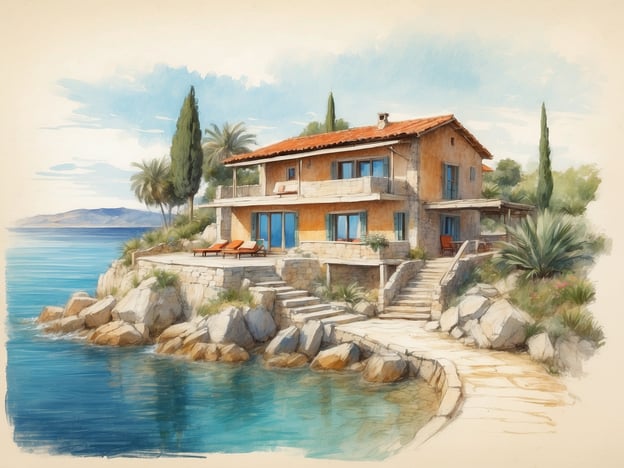 Auf dem Bild ist eine malerische Villa zu sehen, die am Ufer eines klaren, blauen Wassers in einer sonnigen Umgebung steht. Die Architektur wirkt einladend, mit großen Fenstern und einer Veranda, die nach außen blickt. Um die Villa herum gibt es üppiges Grün und Felsen, die die natürliche Schönheit der Küstenlandschaft unterstreichen.Wenn du tierfreundliche Unterkünfte an der kroatischen Küste suchst, kannst du folgende Optionen in Betracht ziehen:1. **Villa Dune** – Diese Unterkunft erlaubt Haustiere und bietet einen direkten Zugang zum Strand.2. **Apartment Oasis** – Ideal für Hunde, mit viel Platz zum Spiel und einer umzäunten Terrasse.3. **Pension Adria** – Eine hundefreundliche Pension, die in der Nähe von Wanderwegen liegt.Alle diese Unterkünfte sind darauf ausgelegt, einen angenehmen Aufenthalt für dich und dein Haustier zu gewährleisten.