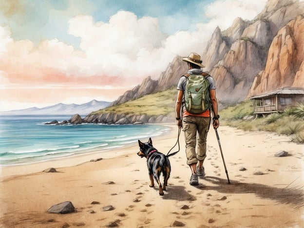 Auf dem Bild ist eine Person zu sehen, die mit einem Hund einen Strandspaziergang macht. Dies eignet sich hervorragend für einen Urlaub mit Hund. Hier sind einige Aktivitäten, die man in solch einer Umgebung unternehmen kann:1. **Wanderungen entlang des Strandes** – Perfekt, um frische Luft zu schnappen und gemeinsam die Natur zu genießen.2. **Schwimmen** – Viele Hunde lieben es, im Wasser zu planschen, was eine erfrischende Abwechslung ist.3. **Spiele im Sand** – Von Ballspielen bis zu Leckerli-Suchen, im Sand macht es viel Spaß.4. **Picknick** – Ein kurzes Picknick am Strand ist eine tolle Möglichkeit, um nach einer Wanderung zu entspannen.5. **Erforschen von Wanderwegen** – In der Umgebung könnten sich noch viele spannende Trails für Erkundungen anbieten.Solche Aktivitäten sorgen für einen unvergesslichen Urlaub mit dem Hund!