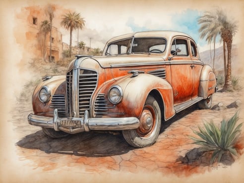 Ein verlassener, rostiger Oldtimer aus der Mitte des 20. Jahrhunderts steht auf trockener Erde, umgeben von kaktusartigen Pflanzen und Palmen. Im Hintergrund sind die Überreste von Gebäuden zu sehen, die von der Zeit gezeichnet sind. Die grünliche Farbenpracht der Pflanzen kontrastiert mit dem verwaisten, orangefarbenen Auto, das melancholisch an vergangene Zeiten erinnert. Der Himmel ist leicht bewölkt, was die Szenerie zusätzlich mystisch erscheinen lässt.