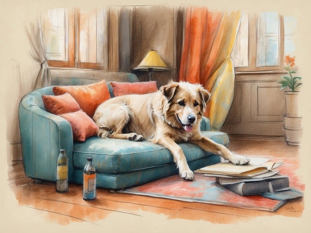 Auf dem Bild ist ein Hund zu sehen, der auf einem farbenfrohen Sofa liegt. Um einen stressfreien Urlaub mit deinem Hund zu gewährleisten, hier einige Tipps:1. **Frühe Planung**: Plane die Reise im Voraus und suche hundefreundliche Unterkünfte.2. **Gewohnheiten bewahren**: Halte den Tagesablauf deines Hundes während des Urlaubs so ähnlich wie möglich.3. **Sicherheitsvorkehrungen**: Sorge dafür, dass dein Hund bei Fahrten im Auto sicher im Kofferraum oder in einer Transportbox sitzt.4. **Genug Pausen**: Plane regelmäßige Pausen ein, damit dein Hund sich bewegen und frische Luft schnappen kann.5. **Hundefutter mitnehmen**: Nimm ausreichend Futter und Lieblingsspielzeuge mit, um deinem Hund das Gefühl von Zuhause zu geben.6. **Vorbereitung auf Neues**: Gewöhnen deinen Hund an neue Umgebungen, indem du ihn schrittweise an unbekannte Orte führst.7. **Gesundheitsschutz**: Stelle sicher, dass der Hund gegen Zecken und andere Parasiten geschützt ist, besonders in ländlichen Gebieten.Diese Tipps helfen, den Urlaub für dich und deinen Hund angenehm zu gestalten!