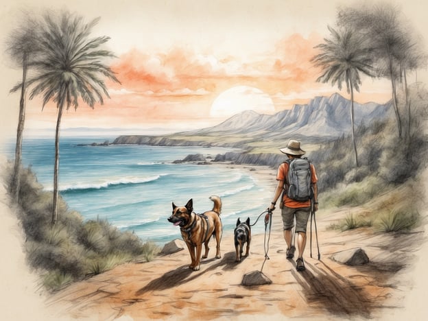 Auf dem Bild sind ein Mensch und zwei Hunde zu sehen, die an einem malerischen Küstenweg spazieren gehen. Diese Szene bietet ideale Aktivitäten für Mensch und Hund, wie:1. **Spaziergänge am Strand**: Hier können sie die frische Luft genießen und die Aussicht auf das Meer bewundern.2. **Wanderungen durch die Natur**: Der Weg führt durch eine schöne Landschaft, ideal für ausgedehnte Wanderungen.3. **Aktivitäten im Wasser**: Hundefreundliche Strände ermöglichen es den Hunden, im Wasser zu spielen und zu schwimmen.Diese Umgebung fördert sowohl die körperliche Betätigung als auch die Bindung zwischen Mensch und Hund.
