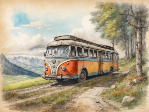 Ein nostalgischer Bus steht auf einem schmalen, unbefestigten Weg, umgeben von grünen Wiesen und sanften Hügeln. Der Bus hat eine auffällige orange-weiße Farbgebung und ist mit Blick auf die majestätischen Berge im Hintergrund positioniert. Über dem Bus zieht eine wolkenreiche Himmel mit teils blauen Abschnitten vorbei, während die Bäume an der Seite des Weges sanft im Wind schwanken. Diese Szenerie verleiht dem Bild eine ruhige, ländliche Atmosphäre und lädt dazu ein, die versteckten Schönheiten der Allgäuer Natur zu erkunden.