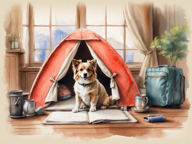 Auf dem Bild ist ein Hund in einem Zelt zu sehen, das in einem gemütlichen Raum aufgestellt ist. Neben dem Zelt stehen einige Gegenstände, die an Reisen und Abenteuer erinnern, wie ein Koffer und verschiedene Utensilien.Hier sind einige Tipps für die perfekte Urlaubsplanung mit Deinem Vierbeiner:1. **Unterkunft wählen:** Suche nach hundefreundlichen Unterkünften, die genügend Platz und Annehmlichkeiten für Deinen Hund bieten.2. **Transport vorbereiten:** Achte darauf, dass der Transport für Deinen Hund komfortabel und sicher ist, sei es im Auto oder in öffentlichen Verkehrsmitteln.3. **Packliste erstellen:** Denke an alles, was Dein Hund benötigt – Futter, Wassernapf, Leine, Spielzeug und eventuell eine Decke.4. **Tierarztbesuch:** Vor der Reise solltest Du einen Gesundheitscheck beim Tierarzt machen und sicherstellen, dass alle Impfungen aktuell sind.5. **Wasser und Pausen:** Plane regelmäßige Pausen während der Reise ein, damit Dein Hund sich bewegen und trinken kann.6. **Aktivitäten planen:** Erkunde hundefreundliche Strände, Parks oder Wanderwege, um gemeinsam adventurelin zu gehen.7. **Sicherheit im Blick behalten:** Achte darauf, dass Dein Hund während der Reise einen Halsband mit Hundemarke und Kontaktdaten trägt.Mit diesen Tipps wird der Urlaub mit deinem Vierbeiner zu einem unvergesslichen Erlebnis!