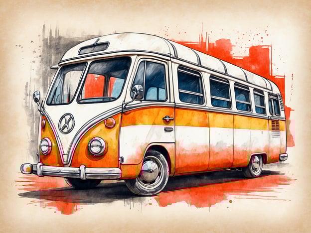 Auf dem Bild ist ein Oldtimer-Bus zu sehen, der in einer künstlerischen Darstellung in orange und weiß gehalten ist.Wie kann man nachhaltig reisen? Man könnte beispielsweise einen solchen Bus für Roadtrips nutzen, um die Natur zu erkunden, ohne auf umweltfreundliche Transportmittel verzichten zu müssen. Zudem könnte man seine Reise so planen, dass man lokale Ressourcen nutzt und die Regionen respektvoll erkundet.