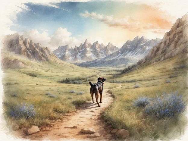Auf dem Bild ist ein Hund zu sehen, der auf einem Pfad durch eine malerische Landschaft läuft. Die Umgebung besteht aus weiten Wiesen mit sanften Hügeln und majestätischen Bergen im Hintergrund. Die Szenerie strahlt Ruhe und Abenteuerlust aus, ideal für einen Wanderausflug mit einem Hund.Die schönsten Wanderwege für Hunde bieten viele ähnlichen Ausblicke, wo Vierbeiner und ihre Besitzer die Natur gemeinsam genießen können. Beispiele wären der Meraner Höhenweg in Südtirol oder die Wanderwege im Schwarzwald, die nicht nur für ihre atemberaubende Landschaft, sondern auch für hundefreundliche Routen bekannt sind.
