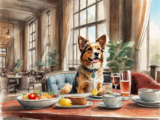 Auf dem Bild ist ein Hund zu sehen, der an einem schön gedeckten Tisch in einem eleganten Restaurant sitzt. Es gibt eine Auswahl an Speisen und Getränken auf dem Tisch, und der Hund wirkt freundlich und entspannt. Für hundefreundliche Unterkünfte und Restaurants wäre dieses Ambiente ideal. Viele Orte bieten spezielle Menüs für Hunde oder erlauben sie, im Restaurant zu sitzen. Es gibt zahlreiche hundefreundliche Cafés und Hotels, die sicherstellen, dass Vierbeiner willkommen sind, wie zum Beispiel:- Hunde-Cafés, die Köstlichkeiten für Hunde anbieten.- Restaurants mit Terrassen, die es Haustieren erlauben, ihre Besitzer zu begleiten.- Unterkünfte, die spezielle Annehmlichkeiten für Haustiere bieten, wie Hundebetten oder Futterstationen.So können Hund und Halter gemeinsam die Zeit genießen!