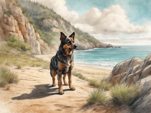 Auf dem Bild ist ein Hund zu sehen, der an einem schönen Strand steht. Dies erinnert an Aktivitäten und Ausflugsziele, die man mit einem Hund unternehmen kann, wie zum Beispiel:1. **Strandbesuche**: Hunde lieben es, am Strand zu spielen, im Wasser zu planschen und im Sand zu laufen.2. **Wanderungen**: Die Umgebung mit den Klippen und der Natur bietet viele Möglichkeiten für ausgiebige Wanderungen mit dem Hund.3. **Picknicks**: Ein Picknick am Meer oder in der Nähe eines Sees ist eine tolle Möglichkeit, Zeit mit dem Hund zu verbringen und die Natur zu genießen.4. **Freibad für Hunde**: Manche Strände haben spezielle Bereiche, wo Hunde frei schwimmen und spielen können.Solche Ausflüge sind ideal für eine gute Zeit im Freien mit dem vierbeinigen Freund!