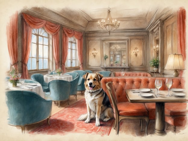 Auf dem Bild ist ein freundlicher Hund in einem eleganten Restaurant zu sehen. Die Atmosphäre ist stilvoll und einladend, mit schönen Tischen und geschmackvollen Möbeln.Für Hundefreunde gibt es viele hundefreundliche Unterkünfte und Restaurants, wo man mit seinem Vierbeiner willkommen ist. In solchen Orten sind oft spezielle Menüs für Hunde verfügbar und es gibt gemütliche Plätze, wo Hund und Halter zusammen entspannen können. Schauen Sie sich solche Optionen in Ihrer Nähe an, um eine angenehme Zeit mit Ihrem Hund zu verbringen!
