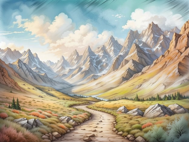 Auf dem Bild ist eine malerische Landschaft mit majestätischen Bergen zu sehen. Der Himmel ist hellblau mit einigen Wolken, und ein kurvenreicher Wanderweg zieht sich durch die sanften Hügel und das Grasland. Einige Felsen und Büsche sind in der Landschaft verteilt.Die besten Wanderungen in ähnlichen Landschaften bieten oft atemberaubende Ausblicke, abwechslungsreiche Trails und die Möglichkeit, die Natur hautnah zu erleben. Beliebte Wanderziele sind zum Beispiel die Alpen, Rocky Mountains oder Nationalparks, die eine Vielzahl von Schwierigkeitsgraden und Landschaften präsentieren.