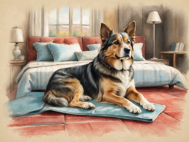 Auf dem Bild ist ein Hund zu sehen, der gemütlich auf einem Teppich in einem Zimmer liegt. Im Hintergrund sind ein Bett, ein Nachttisch mit einer Lampe und ein Fenster sichtbar. Die Szene wirkt heimelig und einladend.Für einen Aufenthalt in hundefreundlichen Unterkünften sind solche verträumten Räume oft ideal, da die vierbeinigen Freunde sich wohlfühlen und entspannen können. Es gibt viele Hotels und Ferienwohnungen, die speziell darauf ausgelegt sind, auch Haustiere willkommen zu heißen, oft mit speziellen Ausstattungen und Services für Hunde.