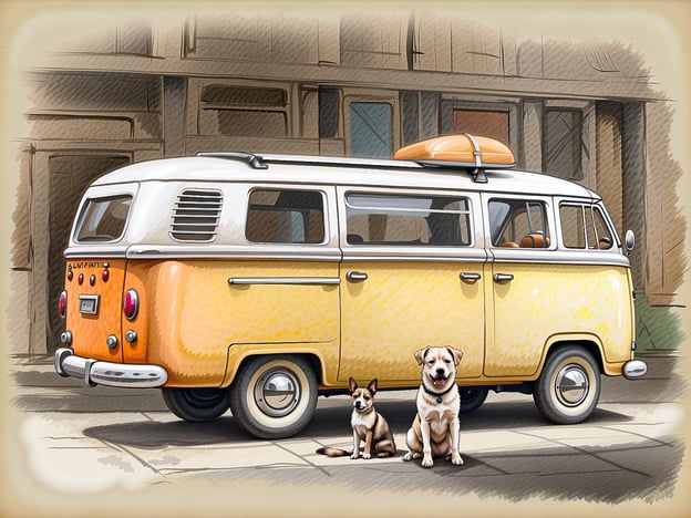 Auf dem Bild ist ein farbenfroher VW-Bus zu sehen, der vor einem Gebäude steht. Vor dem Bus sitzen zwei Hunde – ein kleiner und ein größerer.Hier sind einige Tipps für die Anreise und das Reisen mit einem Hund:1. **Vorbereitung**: Stellen Sie sicher, dass Ihr Hund gesund und reisefähig ist. Ein Besuch beim Tierarzt vor Reiseantritt ist empfehlenswert.2. **Sicherer Transport**: Verwenden Sie eine geeignete Hundebox oder einen Sicherheitsgurt, um Ihren Hund während der Fahrt zu sichern. Dies trägt zur Sicherheit aller Insassen bei.3. **Pausen einplanen**: Machen Sie regelmäßige Pausen, damit Ihr Hund sich erleichtern und bewegen kann. Ein kurzer Spaziergang ist ideal.4. **Wasser und Futter**: Nehmen Sie ausreichend Wasser und Snacks für Ihren Hund mit, um unterwegs für sein Wohl zu sorgen.5. **Bekanntmachung mit dem Ziel**: Wenn Sie an Ihrem Zielort ankommen, geben Sie Ihrem Hund Zeit, sich an die neue Umgebung zu gewöhnen.6. **Hundegerechte Unterkünfte**: Überprüfen Sie im Voraus, ob Ihre Unterkunft hundefreundlich ist und welche Regeln es gibt.Eine gut geplante Reise sorgt dafür, dass sowohl Sie als auch Ihr Hund eine angenehme Zeit haben!