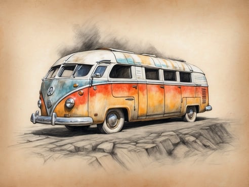 Ein alter Volkswagen Bulli steht auf einer unebenen, rissigen Fläche. Der Bus ist farbenfroh in Orange, Blau und Weiß gehalten, zeigt aber auch deutliche Gebrauchsspuren und Verwitterung. Hinter dem Fahrzeug ist eine sanfte Farbfläche, die den Eindruck eines Himmels oder einer Wand vermittelt. Die Gesamtkomposition vermittelt eine nostalgische Atmosphäre, die an verlassene Orte und Abenteuer erinnert.
