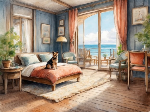Auf dem Bild ist ein hell und freundlich eingerichtetes Zimmer mit Blick aufs Meer zu sehen. Im Mittelpunkt befindet sich ein Hund, der auf dem Bett sitzt. Diese Art von Unterkunft könnte ideal für einen Urlaub mit Hund auf Rügen sein.Einige der besten Unterkünfte für einen Urlaub mit Hund auf Rügen sind:1. **Hotels mit hundefreundlichen Zimmern**: Viele Hotels auf Rügen bieten spezielle Zimmer für Gäste mit Hunden und oft auch Hundepakete an.2. **Ferienwohnungen**: Es gibt zahlreiche Ferienwohnungen, die sich perfekt für einen Aufenthalt mit Hund eignen, oft mit Zugang zu einem eigenen Garten.3. **Pensionen**: Einige familiäre Pensionen sind auf Hunde eingestellt und bieten spezielle Services wie Hundeauslauf oder Hunde-Freundliche Wanderungen.4. **Campingplätze**: Beliebt sind auch hundefreundliche Campingplätze in der Nähe des Strandes, wo Hunde willkommen sind.5. **Landhäuser oder Hofübernachtungen**: Diese bieten oft viel Platz und Natur, ideal für einen aktiven Aufenthalt mit Hund.Egal für welche Unterkunft Sie sich entscheiden, Rügen bietet viele Möglichkeiten, um mit Ihrem Hund einen schönen Urlaub zu verbringen!