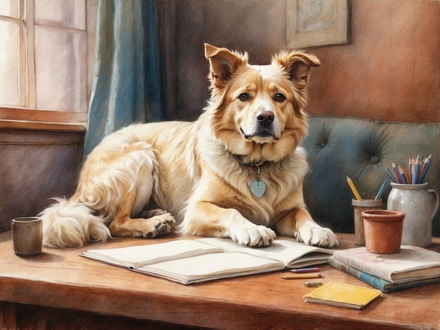 Auf dem Bild ist ein Hund zu sehen, der entspannt an einem Tisch liegt, auf dem mehrere Bücher und Schreibutensilien liegen.Für eine stressfreie Anreise mit Hund nach Rügen empfehle ich folgende Tipps:1. **Vorbereitung auf die Reise**: Stellen Sie sicher, dass Ihr Hund an das Autofahren gewöhnt ist. Machen Sie vorher kurze Fahrten, um die Gewöhnung zu fördern.2. **Regelmäßige Pausen**: Planen Sie regelmäßige Pausen ein, damit Ihr Hund sich bewegen und frische Luft schnappen kann.3. **Wasser und Snacks**: Nehmen Sie genügend Wasser und Snacks für Ihren Hund mit, um ihn während der Fahrt gut zu versorgen.4. **Sicherheitsvorkehrungen**: Sichern Sie Ihren Hund während der Fahrt beispielsweise mit einem Hundegeschirr oder einer Transportbox.5. **Reiseartikel**: Packen Sie die Lieblingsdecke oder ein Spielzeug Ihres Hundes ein, um ihm ein Gefühl von Heimat zu geben.6. **Tierarztbesuch**: Lassen Sie vor der Reise einen Gesundheitscheck beim Tierarzt durchführen, insbesondere wenn besondere medizinische Bedürfnisse bestehen.7. **Unterkünfte**: Stellen Sie sicher, dass Ihre Unterkunft hundefreundlich ist und eventuell auf spezielle Bedürfnisse Ihres Hundes eingeht.Mit diesen Tipps wird die Reise nach Rügen für Sie und Ihren Hund angenehm!