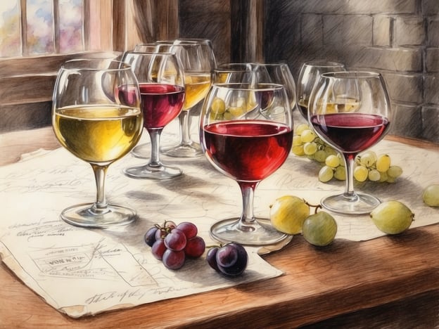 Auf dem Bild sind verschiedene Weingläser mit unterschiedlichen Weinsorten zu sehen. Die Gläser stehen auf einem Holztisch, umgeben von Trauben und anderen Früchten. Diese Szene könnte ideal für eine Weinverkostung sein, bei der man die verschiedenen Aromen und Farben der Weine genießen kann.Für eine entspannende Aktivität danach könnte man eine Hundewanderung planen, um die Natur zu erkunden und gemeinsam mit seinem Hund einen schönen Tag zu verbringen.
