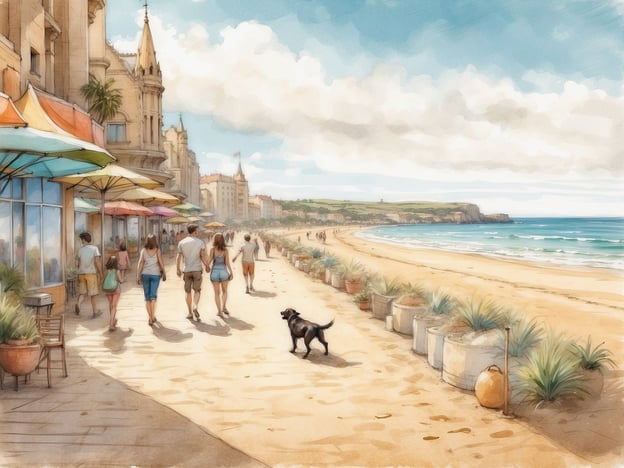 Auf dem Bild sieht man einen sonnigen Strandspaziergang, wo Menschen fröhlich entlang der Promenade schlendern. In der Nähe sieht man auch einen Hund, der am Strand läuft. Auf Sylt können Menschen und ihre Hunde viele gemeinsame Aktivitäten genießen:
1. **Strandspaziergänge**: Hunde sind an vielen Stränden erlaubt, und es gibt spezielle Hundestrände, wo sie sich frei bewegen können.
2. **Wanderungen**: Es gibt zahlreiche Wanderwege in der Natur, die sich hervorragend für Spaziergänge mit dem Hund eignen.
3. **Hundezubehör und -cafés**: Es gibt viele hundefreundliche Cafés und Geschäfte, wo man eine Pause einlegen und etwas trinken kann.
4. **Hundeveranstaltungen**: Oft finden spezielle Events für Hunde und ihre Halter statt, wie Hundewettbewerbe oder gemeinsame Ausflüge.
Sylt bietet also eine perfekte Kulisse für gemeinsame Aktivitäten von Mensch und Hund!