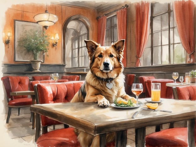 Auf dem Bild ist ein Hund in einem gemütlichen Restaurant zu sehen. Der Hund sitzt an einem Tisch und hat ein kleines Gericht vor sich. Die Einrichtung des Restaurants ist stilvoll, mit roten Stühlen und warmem Licht.Für Hundefreunde, die ähnliche Orte suchen, wären hundefreundliche Unterkünfte wie Boutique-Hotels mit speziellen Angeboten für Gäste mit Hunden ideal. Zudem gibt es viele Restaurants, die Hunde willkommen heißen, oft mit speziellen Menüs für Vierbeiner. Orte, die eine entspannte Atmosphäre und schattige Außenbereiche bieten, sind besonders beliebt.