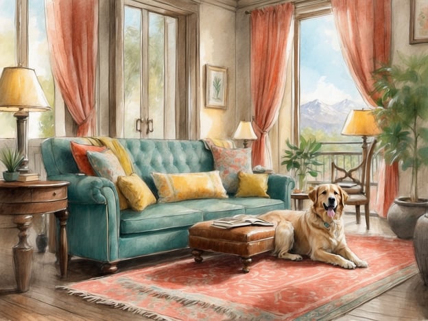 Auf dem Bild ist ein gemütliches Wohnzimmer zu sehen, in dem ein golden retriever Hund liegt. Die Einrichtung besteht aus einem türkisfarbenen Sofa, einem Teppich und großen Fenstern, die viel Licht hereinlassen und einen schönen Ausblick auf Berge und Natur bieten.Wenn du mit deinem Hund Urlaub machen möchtest, sind hier einige der besten Unterkünfte für Urlaub mit Hund:1. **Feriendörfer** - Viele Feriendörfer bieten spezielle Hundewohnungen und viele Auslaufmöglichkeiten.2. **Ferienhäuser** - In einem eigenen Ferienhaus hast du genug Platz und kannst die Umgebung mit deinem Hund erkunden.3. **Haustierfreundliche Hotels** - Es gibt viele Hotels, die auf Hunde eingestellt sind und oft sogar spezielle Dienstleistungen anbieten.4. **Campingplätze** - Ideal für Abenteuerlustige, viele Campingplätze erlauben Hunde und bieten viel Platz zum Spielen.Denke daran, vor der Buchung immer die spezifischen Richtlinien zur Mitnahme von Haustieren zu prüfen!
