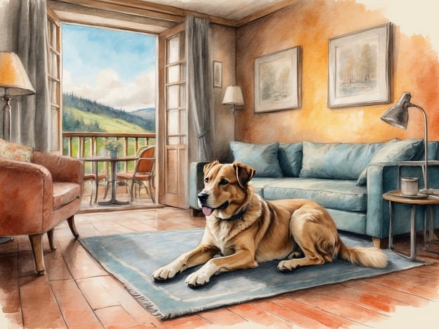 Auf dem Bild ist ein Hund in einem gemütlichen Zimmer zu sehen, das durch große Fenster viel Licht und einen schönen Ausblick auf die Natur bietet. Der Hund liegt entspannt auf einem Teppich, während im Hintergrund eine einladende Sitzecke mit einem Sofa und einem Tisch zu sehen ist.Wenn du nach hundefreundlichen Unterkünften im Sauerland suchst, gibt es einige tolle Optionen. Beispielsweise bieten viele Ferienwohnungen und Hotels im Sauerland spezielle Pakete für Hunde an, inklusive Futter, Hundebetten und dazu passende Wanderwege. Einige empfehlenswerte Orte sind:1. **Fewo-Landhaus Sauerland** - Hundefreundliche Ferienwohnungen, ideal für Familien mit Hund.2. **Hotel Bachstraße** - Ein gemütliches Hotel, das auch Hunde willkommen heißt.3. **Sauerland Ferienpark** - Bietet hundefreundliche Chalets und zahlreiche Aktivitäten in der Natur.Damit kannst du einen entspannten Urlaub mit deinem Hund im Sauerland genießen!