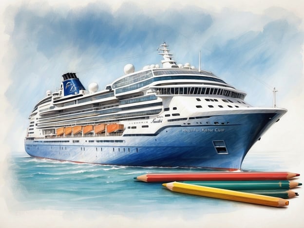 Auf dem Bild ist ein Kreuzfahrtschiff zu sehen, das an einem ruhigen Gewässer liegt. Es trägt den Namen "Mein Schiff 1" und hat eine markante blaue und weiße Farbgestaltung. Das Schiff hat mehrere Decks, große Fenster und orangefarbene Rettungsboote. Im Vordergrund sind Buntstifte zu sehen, die vermutlich als künstlerische Gestaltungselemente dienen.Die Route der Mein Schiff 1 führt häufig zu beliebten Urlaubszielen im Mittelmeer und der Karibik, wo Passagiere schöne Strände und kulturelle Höhepunkte genießen können. Das Schiff ist bekannt für seinen hohen Komfort und vielfältige Freizeitangebote.