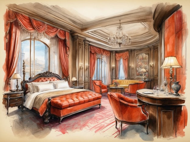 Auf dem Bild ist ein elegantes Schlafzimmer zu sehen, das durch seine opulente Einrichtung und warme Farbgebung besticht. Das große Bett mit einem gepolsterten Kopfteil und luxuriöser Bettwäsche lädt zum Entspannen ein.Besonders hervorzuheben sind die Annehmlichkeiten und der Service, die man in solch einem Ambiente erwarten könnte. Dazu gehören:- **Komfortable Möbel**: Die stilvollen Stühle und das Sofa bieten ausreichend Sitzmöglichkeiten für Gäste.- **Beleuchtung**: Die sanfte Beleuchtung durch Tischlampen und den Kronleuchter schafft eine gemütliche Atmosphäre.- **Schöne Aussicht**: Die großen Fenster lassen Tageslicht herein und bieten einen Ausblick auf eine malerische Umgebung.- **Erfrischungen**: Ein kleiner Tisch mit Gläsern könnte auf einen Zimmerservice hinweisen, der Getränke oder kleine Snacks anbietet.- **Ästhetik**: Die sorgfältige Dekoration und die hochwertigen Materialien tragen zu einem Gefühl von Luxus und Exklusivität bei.Insgesamt vermittelt der Raum ein Gefühl von Komfort und Eleganz, ideal für eine erholsame Auszeit.