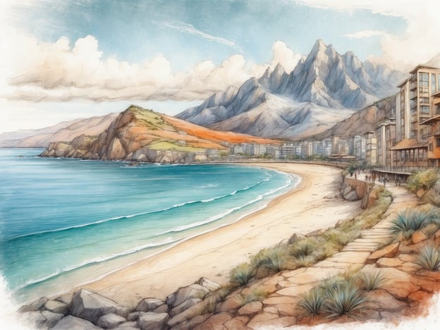 Auf dem Bild ist eine schöne Küstenlandschaft zu sehen. Ein weicher, sandiger Strand erstreckt sich entlang des Wassers, wo sanfte Wellen auf die Uferlinie treffen. Im Hintergrund erheben sich majestätische Berge, die die Landschaft dominieren und eine beeindruckende Kulisse bieten.Die Route für einen Besuch könnte beginnen, indem man am Strand entlang spaziert, während man die frische Seeluft genießt. Ein mögliches Reiseziel könnte die Küstenstadt sein, die man für ihre modernen Gebäude und Einrichtungen erkunden kann. Für Naturliebhaber bietet sich eine Wanderung in die Berge an, um die atemberaubende Aussicht auf das Wasser und die Umgebung zu genießen. Diese Reise vereint Entspannung am Strand mit Abenteuer in der Natur.