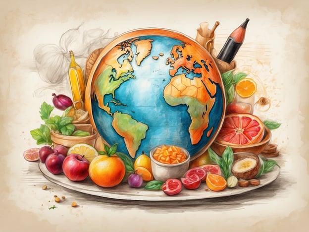 Auf dem Bild ist eine künstlerische Darstellung der Erde zu sehen, umgeben von einer Vielzahl kulinarischer Highlights, die aus frischen Früchten und Kräutern bestehen. Die Fruchtvielfalt reicht von saftigen Orangen und Grapefruits bis hin zu leckeren Äpfeln, Trauben und Limetten. Neben den Früchten sind auch einige Gewürze und Zutaten wie frisches Basilikum und eine Flasche Öl abgebildet. Diese kulinarischen Elemente symbolisieren die verschiedenen Geschmäcker und Küchen der Welt und betonen die Einheit und Vielfalt der globalen Gastronomie.