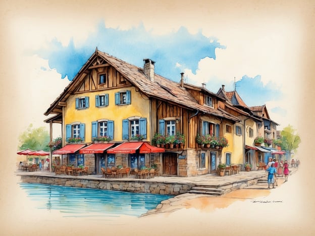 Auf dem Bild ist eine malerische Ansicht eines Gebäudes am Wasser zu sehen, das an ein traditionsreiches Gasthaus oder ein Restaurant erinnert. Solche Orte sind typisch für viele Regionen, besonders in der Schweiz oder in anderen europäischen Ländern, wo die regionale Kulinarik stark mit der Umgebung verbunden ist.Die roten Sonnenschirme und die einladenden Tische deuten darauf hin, dass hier Gäste Platz nehmen können, um die lokale Küche zu genießen. Typische Gerichte könnten Fondue oder Rösti sein, je nach Region. Die Architektur spiegelt oft eine historische Bauweise wider, mit natürlichen Materialien wie Holz und Stein, was die enge Verbindung zur Natur und zur Tradition betont.Zudem könnte die Umgebung für regionalen Lebensstil stehen, mit Spaziergängern, die die Atmosphäre genießen, was das soziale und kulturelle Leben in solchen pittoresken Orten verdeutlicht.