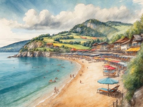 Ein malerischer Strand in einer ruhigen Bucht bei sonnigem Wetter. Der Strand ist mit Liegen und bunten Sonnenschirmen ausgestattet. Menschen sind im Wasser und auf dem Sand zu sehen, einige rudern in kleinen Booten. Im Hintergrund erheben sich grüne Hügel mit charakteristischen Gebäuden und Wiesen. Der Himmel ist teilweise bewölkt, was eine entspannte Urlaubsatmosphäre schafft. Wann sind die Sommerferien in Baden-Württemberg 2024, um diese idyllische Szenerie zu genießen.
