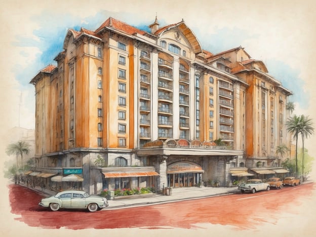 Das Bild zeigt ein großartiges, historisches Hotelgebäude mit einem eleganten Architekturstil. Die Fassade ist in warmen Farbtönen gehalten, und zahlreiche Fenster sowie Balkone sind zu erkennen. Vor dem Hotel stehen klassische Autos, die dem Bild einen nostalgischen Charme verleihen.In Bezug auf Service und Erfahrungen könnte man sagen, dass ein solches Hotel oft erstklassigen Service bietet, mit einem freundlichen Empfang und verschiedenen Annehmlichkeiten wie Restaurants und möglicherweise einem Pool. Die elegante Architektur und die gemütliche Atmosphäre könnten die Gäste inspirieren, unvergessliche Erinnerungen während ihres Aufenthaltes zu schaffen.