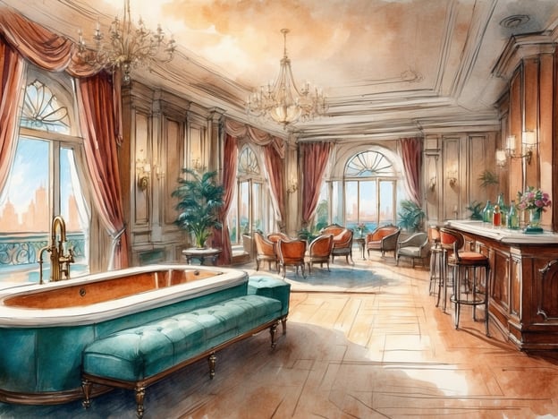Auf dem Bild ist eine elegante Innenansicht eines Raumes zu sehen, der luxuriös eingerichtet ist. Es gibt eine freistehende Badewanne in der Mitte, umgeben von stilvollem Mobiliar, darunter bequeme Sessel und eine Bar. Die Fenster sind groß und bieten einen Blick nach draußen, während schwere Vorhänge die Atmosphäre zusätzlich veredeln. An den Wänden hängen wunderschöne Kronleuchter, die das Licht sanft reflektieren. Diese Annehmlichkeiten schaffen eine einladende und entspannende Umgebung, die ideal ist, um sich zu erholen oder Zeit mit Freunden zu verbringen. Der Raum vermittelt ein Gefühl von Luxus und Komfort, perfekt für Unterhaltung an Bord eines Schiffes oder in einem herrschaftlichen Zuhause.