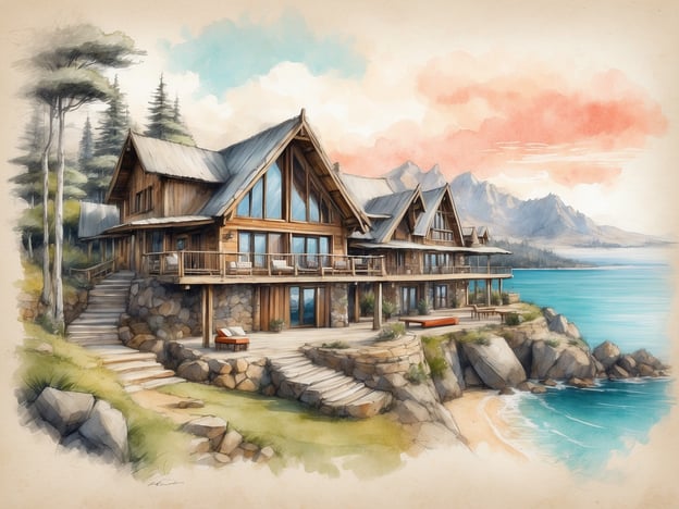 Das Bild zeigt eine schöne, moderne Unterkunft in einer malerischen Küstenlage. Die Unterkunft besteht aus einer großen, luxuriösen Holzvilla mit mehreren Etagen und großen Fensterflächen, die einen herrlichen Blick auf das Wasser und die umliegenden Berge bieten.Um die Unterkunft herum gibt es eine Holzterrasse und einen gepflasterten Bereich mit Sitzgelegenheiten, ideal zum Entspannen im Freien. Die Architektur kombiniert rustikale Elemente mit modernen Annehmlichkeiten, wodurch eine gemütliche Atmosphäre entsteht.Diese Art von Unterkunft wäre ideal für Urlauber, die Ruhe und Natur suchen, sowie für Familien oder Gruppen, die gemeinsam Zeit verbringen möchten. Es könnte sowohl als Ferienhaus als auch für spezielle Anlässe oder Retreats genutzt werden.