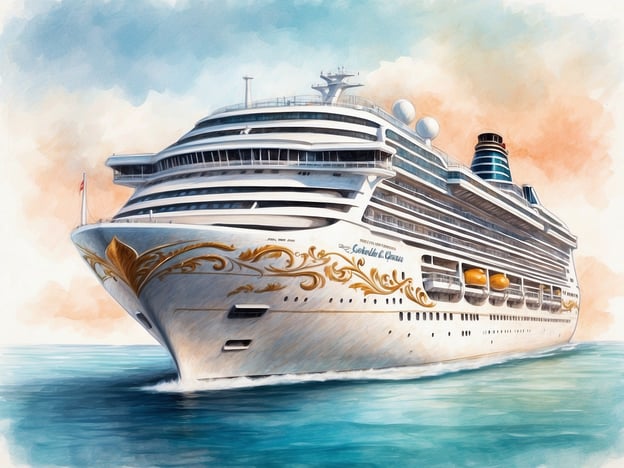 Auf dem Bild ist ein Kreuzfahrtschiff zu sehen, das eine elegante und moderne Architektur aufweist. Es hat einen weißen Rumpf mit goldenen Verzierungen und wirkt sehr beeindruckend. Dies erinnert an das „Mein Schiff 7“, ein Schiff der TUI Cruises-Flotte.„Mein Schiff 7“ bietet zahlreiche Annehmlichkeiten, darunter verschiedene Restaurants, ein Spa-Bereich, Fitnessmöglichkeiten und Unterhaltungsangebote. Die Kabinen sind komfortabel gestaltet, und das Schiff legt großen Wert auf ein entspanntes Urlaubserlebnis mit einem Fokus auf Wellness und Genuss.