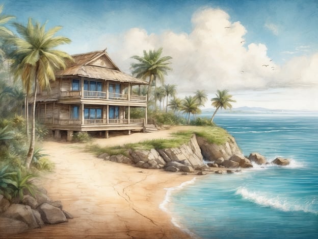 Auf dem Bild ist eine malerische Küstenlandschaft zu sehen, die ideal für einen entspannten Urlaub ist. Man könnte eine Reiseroute planen, die zum Beispiel einen Besuch an einem tropischen Strand umfasst, wo man in einem stilvollen Strandhaus übernachten kann.Mögliche Ziele in der Umgebung wären:1. **Strandaktivitäten**: Schwimmen, Sonnenbaden oder Strandspaziergänge.2. **Wandern**: Entlang der Küste oder durch die tropischen Palmenwälder.3. **Wassersport**: Schnorcheln oder Kajakfahren in den klaren Gewässern.4. **Besuch eines lokalen Marktes**: Um die frischen Früchte und regionalen Spezialitäten zu genießen.Eine ideale Reise, um dem Alltagsstress zu entfliehen und die Natur zu genießen!