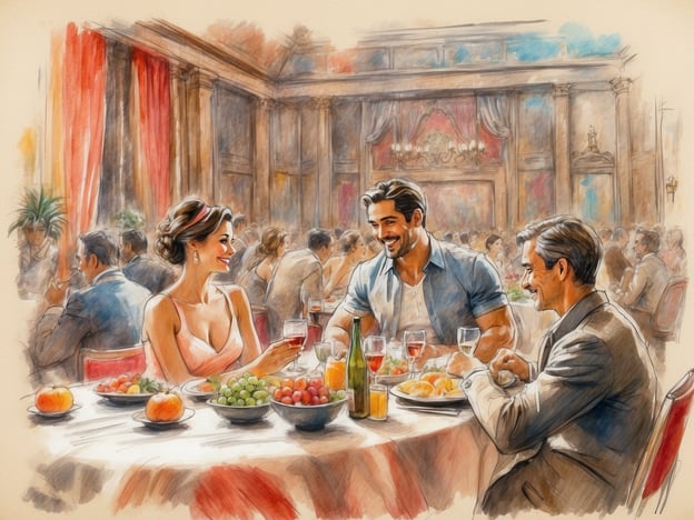 Auf dem Bild sieht man eine elegante Restaurant-Szene, die in einem stilvollen Saal stattfindet. Es gibt eine fröhliche Atmosphäre, in der Menschen bei einem edlen Festmahl zusammenkommen. Am Tisch sitzen drei Personen: eine Frau, die strahlend lächelt, und zwei Männer, die ebenfalls am Gespräch beteiligt sind.Der Tisch ist reich gedeckt mit einer Auswahl an Speisen, darunter frisches Obst und verschiedene Getränke. Der Hintergrund zeigt viele weitere Gäste, die ebenfalls das Essen und die Unterhaltung genießen. Die gesamte Szenerie strahlt Geselligkeit und Freude aus, was auf ein festliches Ereignis hindeutet.