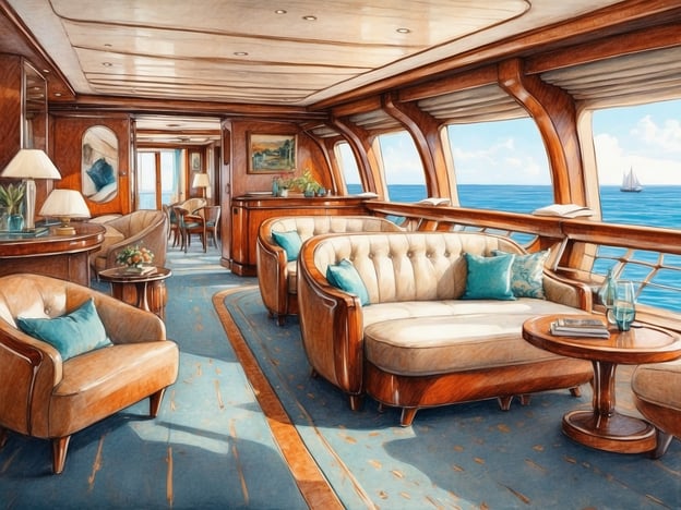 Auf dem Bild ist ein eleganter Raum auf einem Schiff zu sehen, der mit komfortablen Möbeln und einem Blick auf das Meer ausgestattet ist. Die Holzverkleidung und die harmonische Farbgestaltung sorgen für eine gemütliche Atmosphäre.Warum A-ROSA ALEA? A-ROSA bietet eine Kombination aus stilvollem Design und luxuriösem Komfort, ideal für entspannende Kreuzfahrten. Die elegante Innenausstattung lädt dazu ein, die Aussicht zu genießen und den Moment zu entspannen.