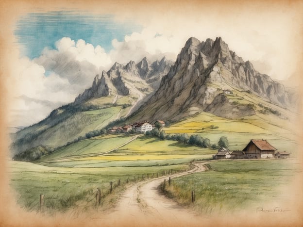 Eine malerische Landschaft mit sanften Hügeln und markanten Bergen im Hintergrund ist zu sehen. Im Vordergrund führt ein schmaler Weg durch grüne Wiesen, umgeben von einem Zaun. Auf einem Hügel stehen einige Bauernhäuser und ein größeres Gebäude, das wie ein Hotel oder eine Pension aussieht. Der Himmel ist blau mit einigen weißen Wolken, und das Licht gibt der Szenerie eine friedliche Atmosphäre. Diese idyllische Landschaft vermittelt einen Eindruck von ländlicher Ruhe und Schönheit. Wann sind die Pfingstferien in Baden-Württemberg 2025?