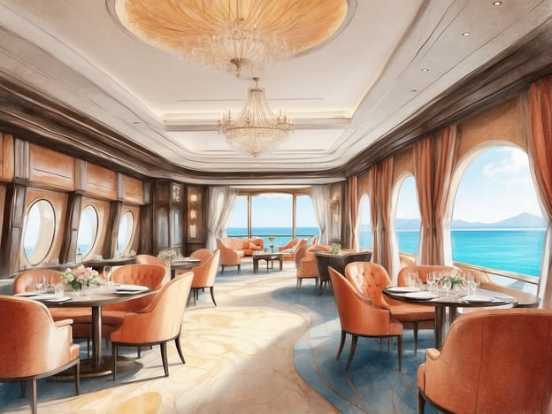 Auf dem Bild ist ein elegantes Restaurant auf einem Schiff zu sehen, das durch große Fenster einen herrlichen Blick auf das Meer und die umliegenden Inseln bietet. Die warmen Farben und das stilvolle Mobiliar schaffen eine gemütliche, aber luxuriöse Atmosphäre.Die Gäste könnten hier ein köstliches Abendessen genießen, während sie sanfte Meeresbrisen und das Plätschern der Wellen hören. Vielleicht erinnert man sich an die besonderen Anlässe, die man in solch einem Ambiente gefeiert hat, oder an die erlesenen Weine und Delikatessen, die serviert wurden. Gespräche mit Freunden und Familie werden durch den atemberaubenden Ausblick und die exklusive Atmosphäre unvergesslich. Ein Ort, an dem die Zeit stillzustehen scheint und man sich einfach entspannen und genießen kann.