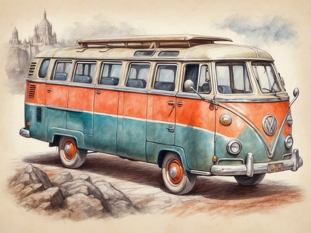 Auf dem Bild ist ein farbenfroher Volkswagen-Bus zu sehen, der oft mit Reisen und Abenteuern in Verbindung gebracht wird. Er könnte ideal für Landausflüge oder Roadtrips zu verschiedenen Sehenswürdigkeiten verwendet werden.Stellen Sie sich vor, wie dieser Bus durch malerische Landschaften rollt, vorbei an historischen Städten, bedeutenden Sehenswürdigkeiten oder Nationalparks. Beliebte Ziele könnten beispielsweise Schlösser wie Neuschwanstein, die Küsten von Biskaya oder charmante Dörfer in den Alpen sein. Der Bus lädt zu Erkundungstouren ein, um die lokale Kultur, Kunst und Natur hautnah zu erleben.