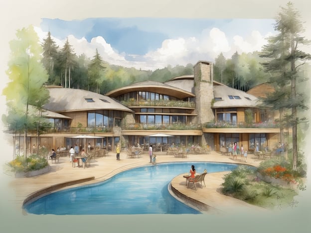 Das Bild zeigt eine geplante Ferienanlage mit modernen, organisch gestalteten Gebäuden umgeben von Natur. Im Vordergrund befindet sich ein Swimmingpool, an dem sich mehrere Personen aufhalten, einige sitzen entspannt auf Liegen. Die Architektur kombiniert Holz- und Steinelemente. Auf den Terrassen der Gebäude sind Tische und Stühle platziert, und zahlreiche Pflanzen verleihen der Umgebung eine einladende Atmosphäre. Der Himmel ist teilweise bewölkt, was auf eine angenehme Außentemperatur hinweist.