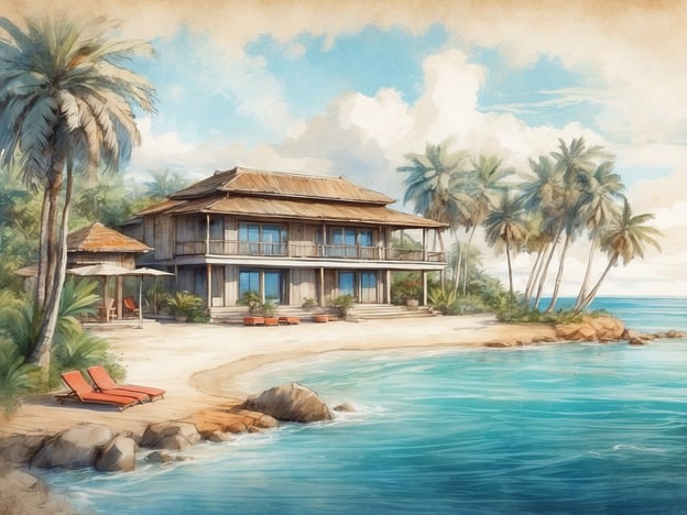 Auf dem Bild ist ein idyllisches Strandhaus zu sehen, das von Palmen umgeben ist. Es ist eine ruhige Küstenszene mit klar blauem Wasser und einem feinen Sandstrand.### Reiseroute:1. **Anreise**: Fliegen Sie zu einem tropischen Ziel, vielleicht in die Karibik oder nach Südostasien.2. **Unterkunft**: Verbringen Sie Ihre Nächte in einem charmanten Strandhaus oder einer Strandvilla.3. **Aktivitäten**: Nutzen Sie die Zeit für Schwimmen, Sonnenbaden und entspannende Strandspaziergänge.### Highlights:- **Entspannen**: Genießen Sie die ruhige Atmosphäre und die wunderschönen Ausblicke auf den Ozean.- **Natur**: Erkunden Sie die umliegende tropische Vegetation und die Küstenlandschaft.- **Wassersport**: Testen Sie Wassersportarten wie Schnorcheln oder Kajakfahren.Diese Umgebung bietet eine perfekte Mischung aus Entspannung und Abenteuer.