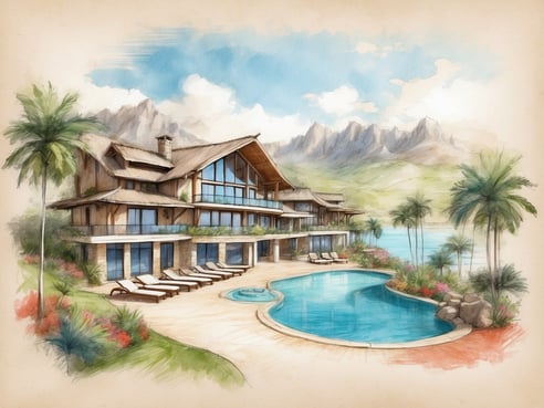 Das Bild zeigt eine stilisierte Villa mit großen Fenstern und einem modernen Dach, umgeben von Palmen und üppiger Vegetation. Vor dem Gebäude erstreckt sich ein schöner Pool mit Liegen und einem kleinen Jacuzzi. Im Hintergrund sieht man majestätische Berge, die von einem blauen Himmel mit einigen Wolken umgeben sind. Dieses Ambiente vermittelt ein Gefühl von Entspannung und Urlaub in einer tropischen Landschaft.